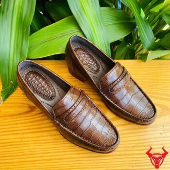 Giày Tây Đế 7cm Da Bụng Cá Sấu Cao Cấp Màu Nâu Đất