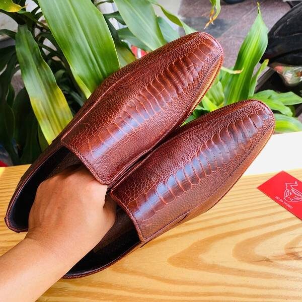 Giày Tây không dây da chân gai đà điểu GBD1 màu nâu đỏ cao cấp lịch lãm đẳng cấp.