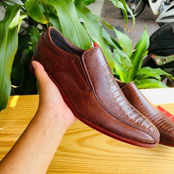 Giày Tây không dây GBD1 da chân gai đà điểu màu nâu đỏ cao cấp sang trọng lịch lãm.