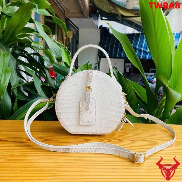 Túi xách tròn da bụng cá sấu TWBA8 màu bạch tạng thời trang.