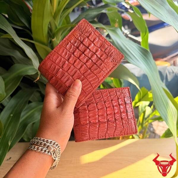Ví da cá sấu thật gai lưng màu nâu đỏ cao cấp