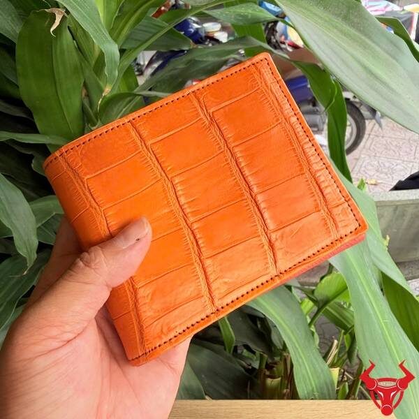 Ví ngang da bụng cá sấu Thái Lan màu cam cao cấp.