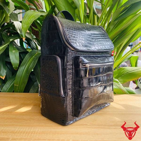 Balo da cá sấu trơn bụng vân lớn DLA8 màu đen thời trang.