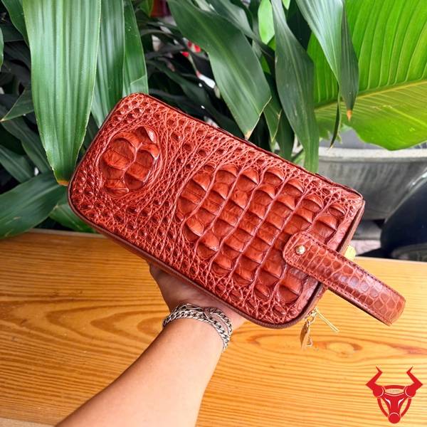 Clutch da gù lưng cá sấu CGA4 màu nâu đỏ nhiều không gian lưu trữ.